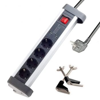 4-fach Alu Tisch-Steckdosenleiste; 2x USB Ladeanschluss, 1x Schnell-Ladekabel