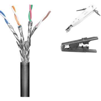 100 m Cat 6 Netzwerk-/ Verlege-Kabel für Aussen mit Anlegewerkzeug + Abisolierer