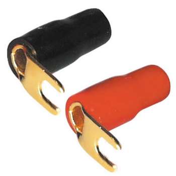 10x gewinkelte Kabelschuhe; 5x rot/5x schwarz; vergoldet; für Kabel bis 6 mm²