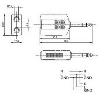 2-fach Klinke Aux Verteiler, Splitter, Y-Adapter : 6,35 mm Stecker an 2x Buchse
