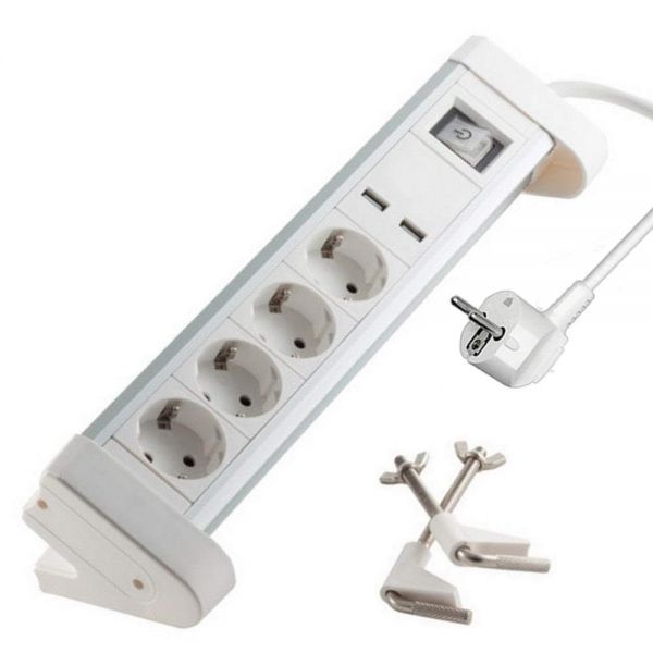 4-fach Alu Tisch-Steckdosenleiste mit 2x USB Ladeanschluss, 1x Schnell-Ladekabel