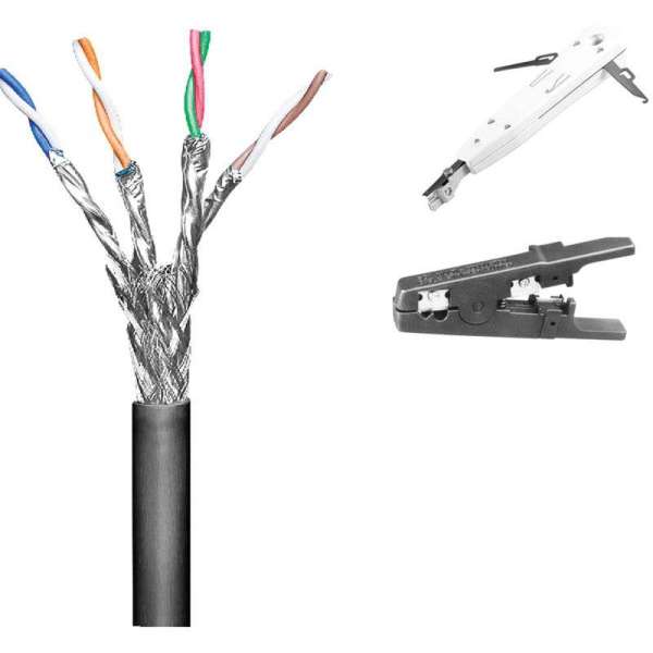 100 m Cat 6 Netzwerk-/ Verlege-Kabel für Aussen mit Anlegewerkzeug + Abisolierer