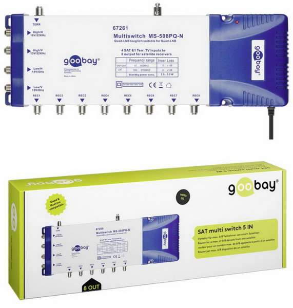 Goobay 5/8 Multischalter 8 Anschlüsse + Quattro LNB 0.1 dB; HDTV, 3D, UltraHD