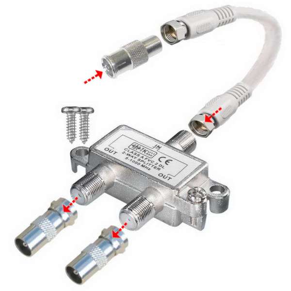 2-fach Profi TV Verteiler / Antennenverteiler für Kabel TV inkl. Adapter + Kabel